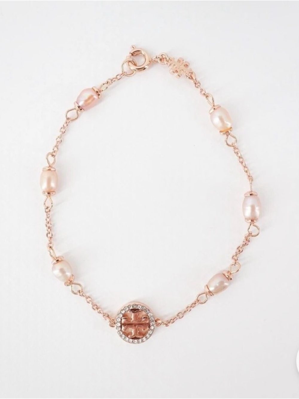 Tory Burch Rose Gold Pearl Logo Bracelet